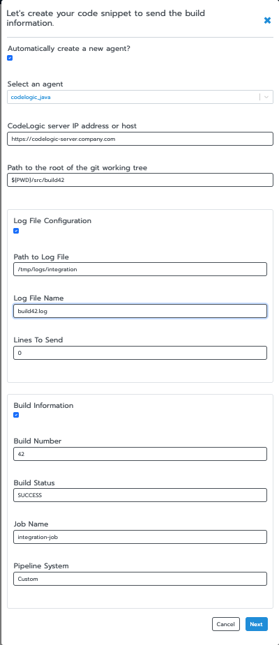 Send Build Information generator dialog Send Build Information Generator